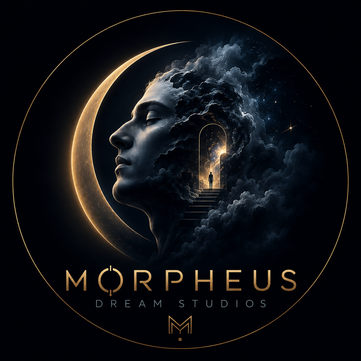 Morpheus Dream Studios logo: a dreamlike face, crescent moon, clouds, stars, and a glowing portal